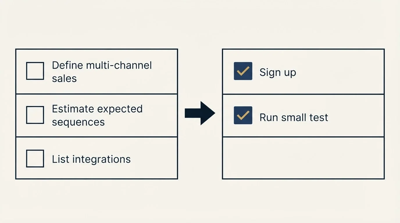 Before-and-after steps: Getting Started Checklist (Define multi-channel sales, Estimate expected sequences, List integrations, Sign up)