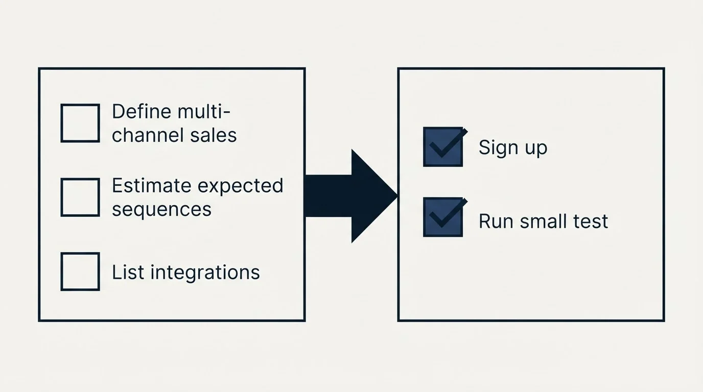Before-and-after steps: Getting Started Checklist (Define multi-channel sales, Estimate expected sequences, List integrations, Sign up)