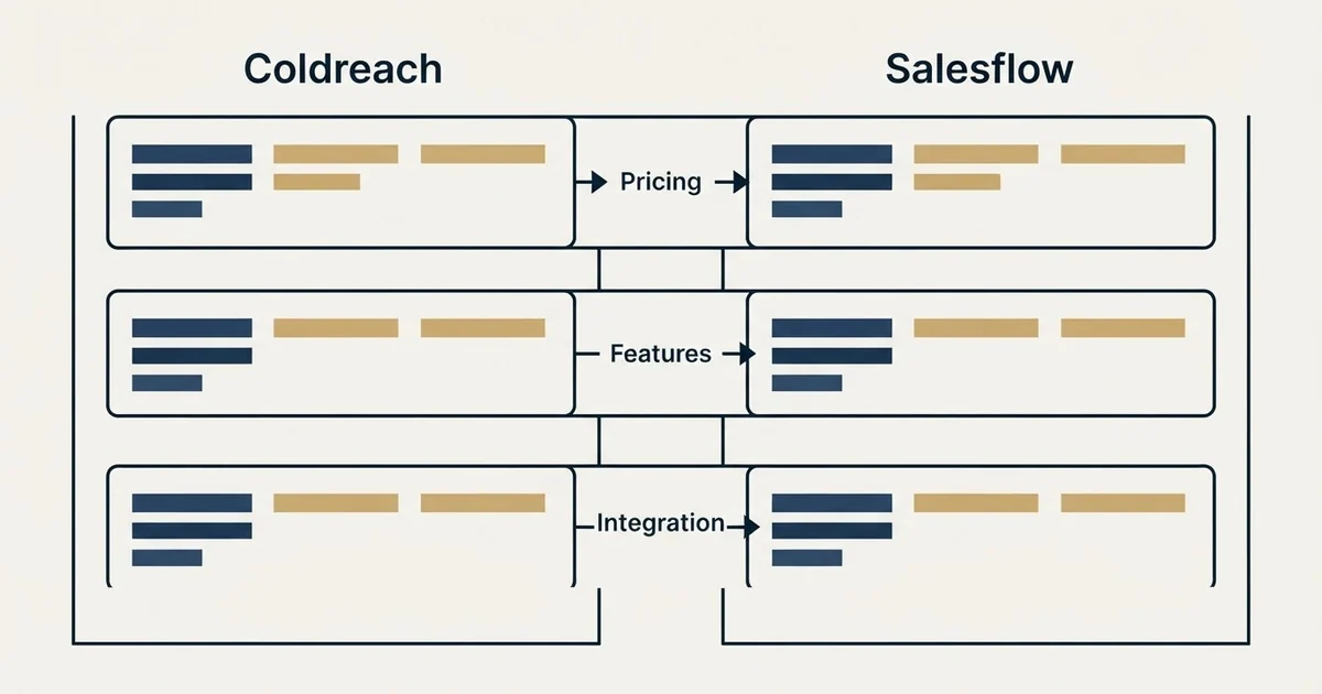 Comparison panel: Coldreach vs Salesflow (Pricing, Features, Integration)