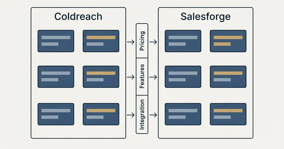 Comparison panel: Coldreach vs Salesforge (Pricing, Features, Integration)