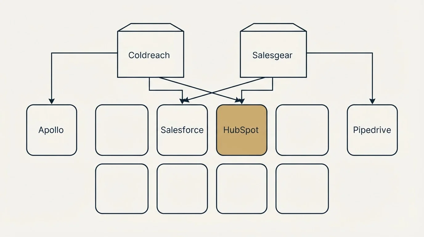 Integration grid: Integration Ecosystem (Coldreach, Salesgear, Salesforce, HubSpot)