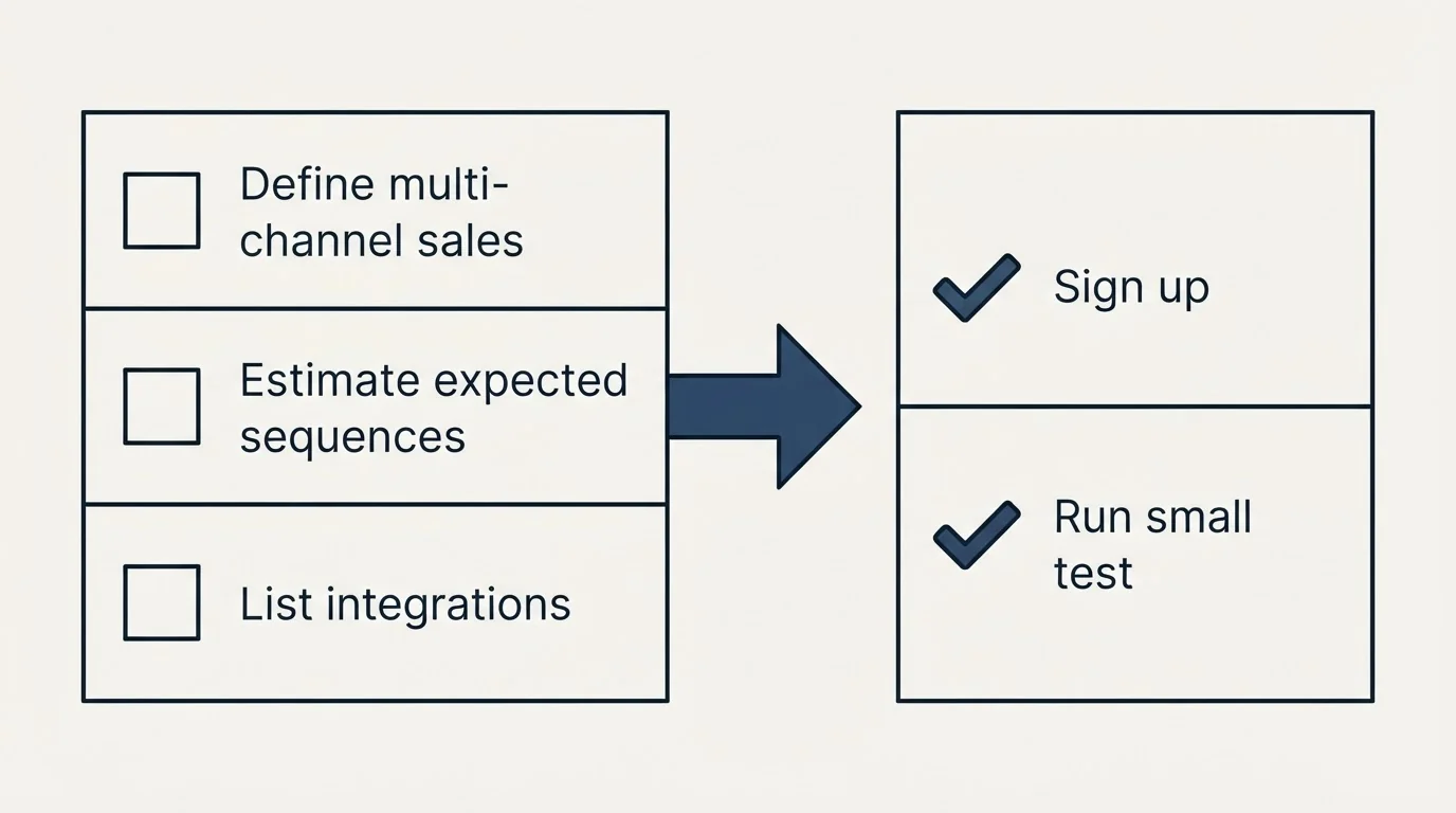 Before-and-after steps: Getting Started Checklist (Define multi-channel sales, Estimate expected sequences, List integrations, Sign up)