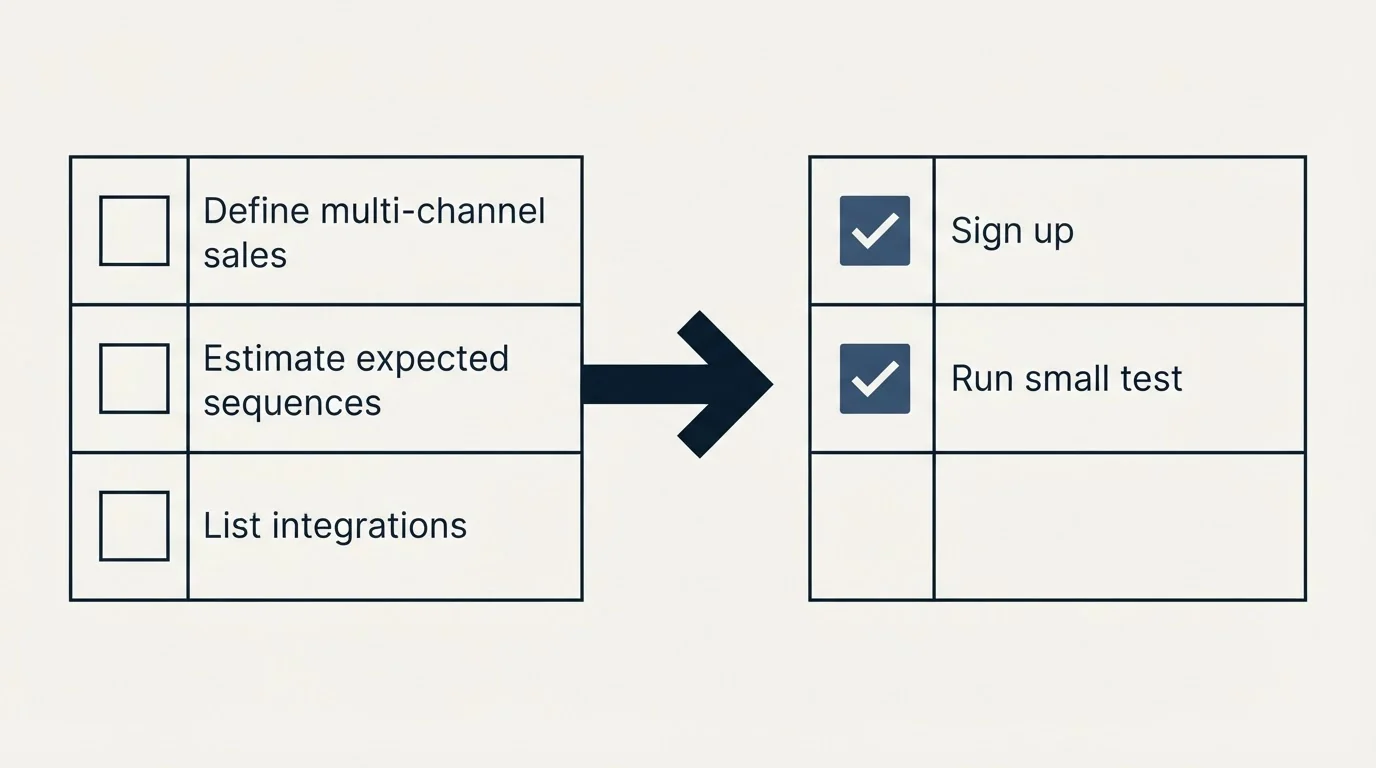 Before-and-after steps: Getting Started Checklist (Define multi-channel sales, Estimate expected sequences, List integrations, Sign up)