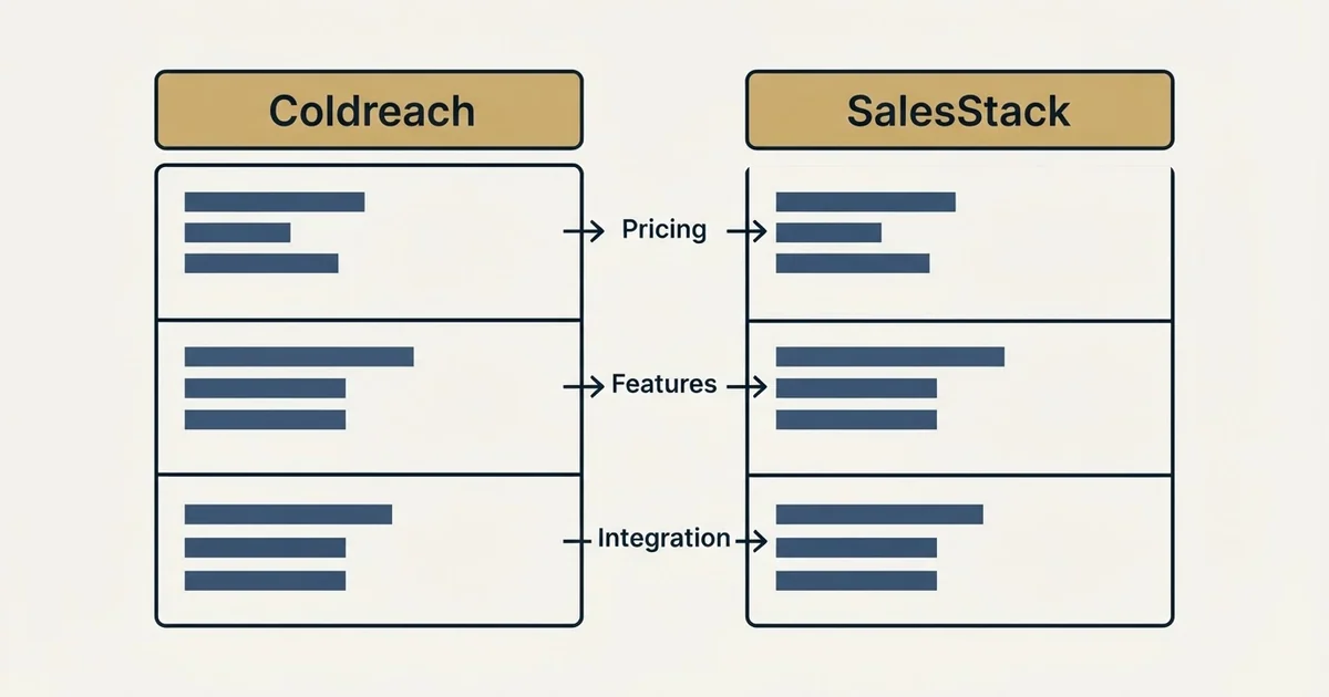 Comparison panel: Coldreach vs SalesStack (Pricing, Features, Integration)