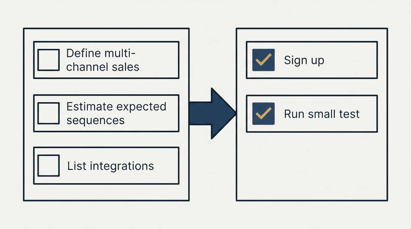 Before-and-after steps: Getting Started Checklist (Define multi-channel sales, Estimate expected sequences, List integrations, Sign up)