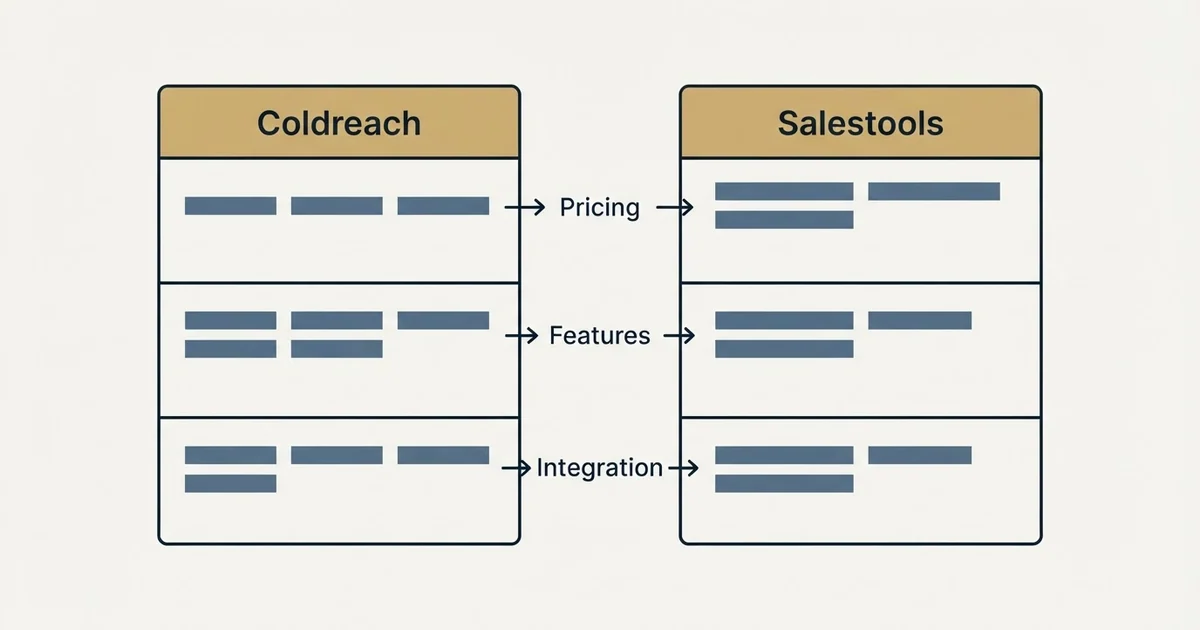 Comparison panel: Coldreach vs Salestools (Pricing, Features, Integration)