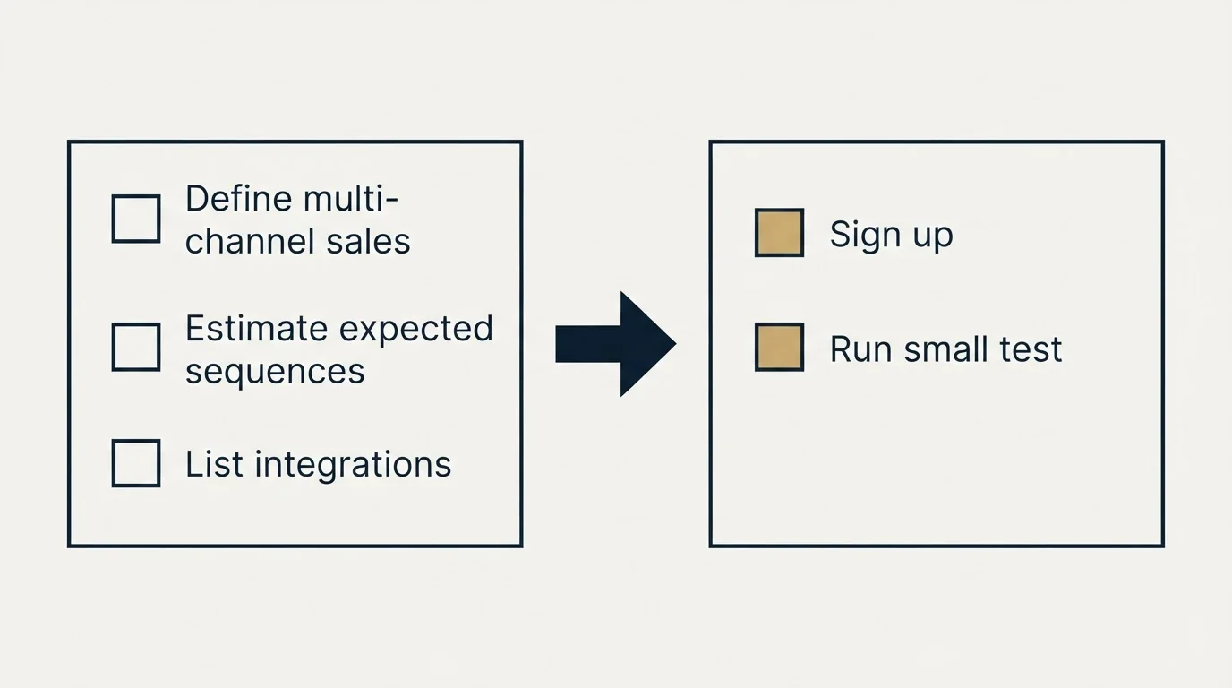 Before-and-after steps: Getting Started Checklist (Define multi-channel sales, Estimate expected sequences, List integrations, Sign up)