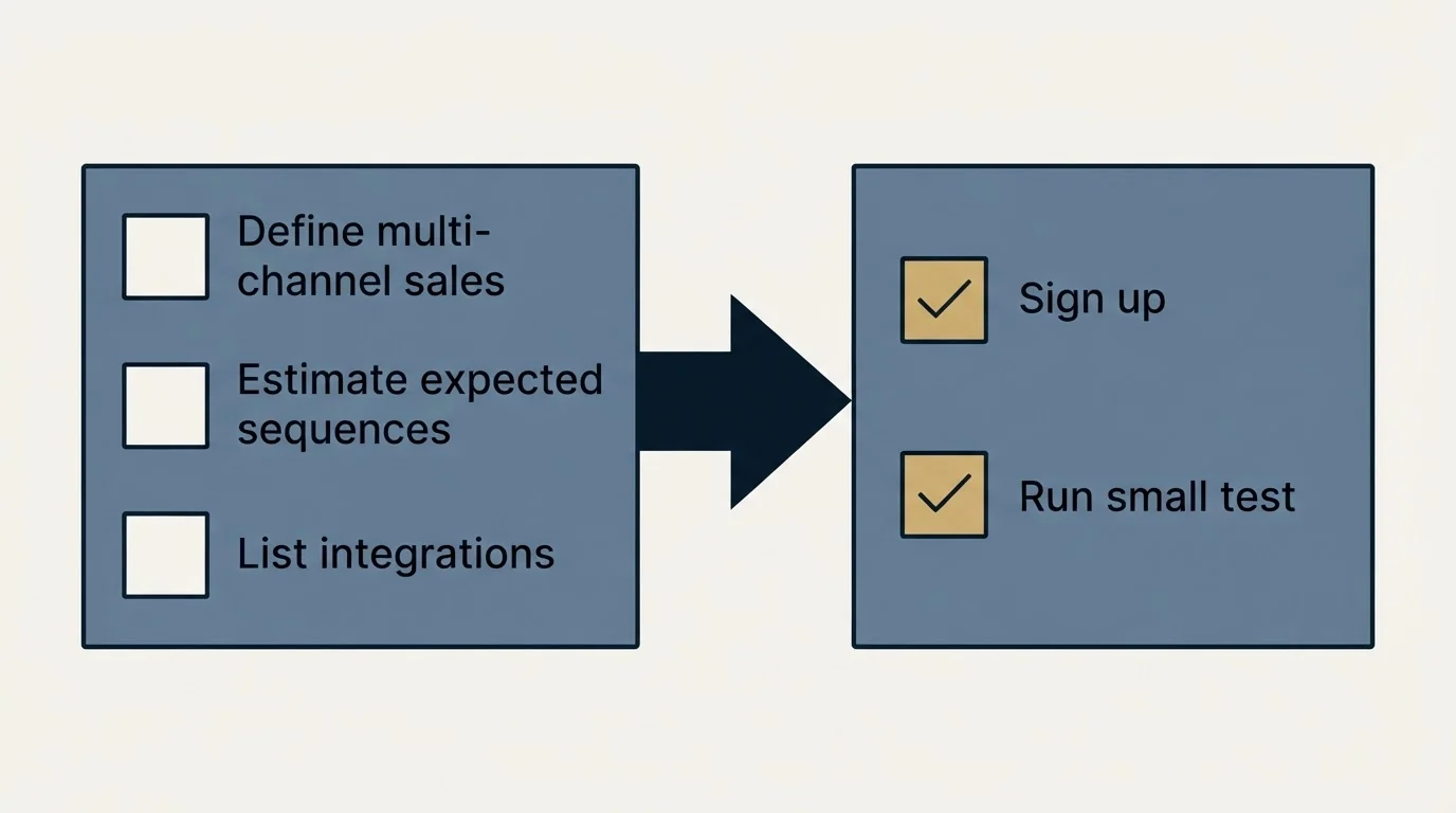 Before-and-after steps: Getting Started Checklist (Define multi-channel sales, Estimate expected sequences, List integrations, Sign up)
