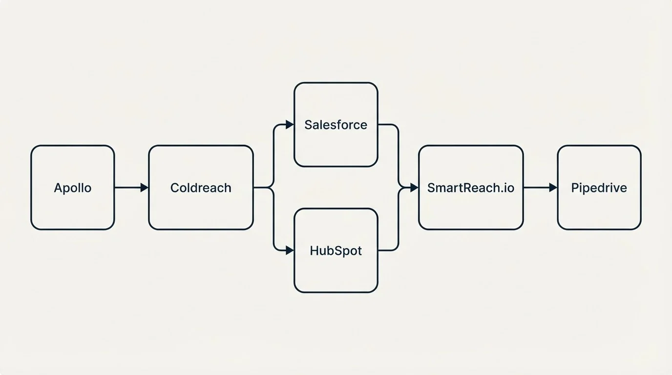 Integration flow: Integration Ecosystem (Coldreach, SmartReach.io, Salesforce, HubSpot)