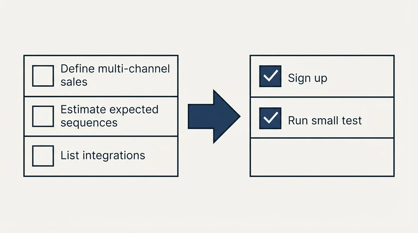 Before-and-after steps: Getting Started Checklist (Define multi-channel sales, Estimate expected sequences, List integrations, Sign up)