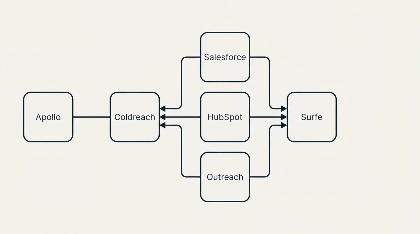 Integration flow: Integration Ecosystem (Coldreach, Surfe, Salesforce, HubSpot)
