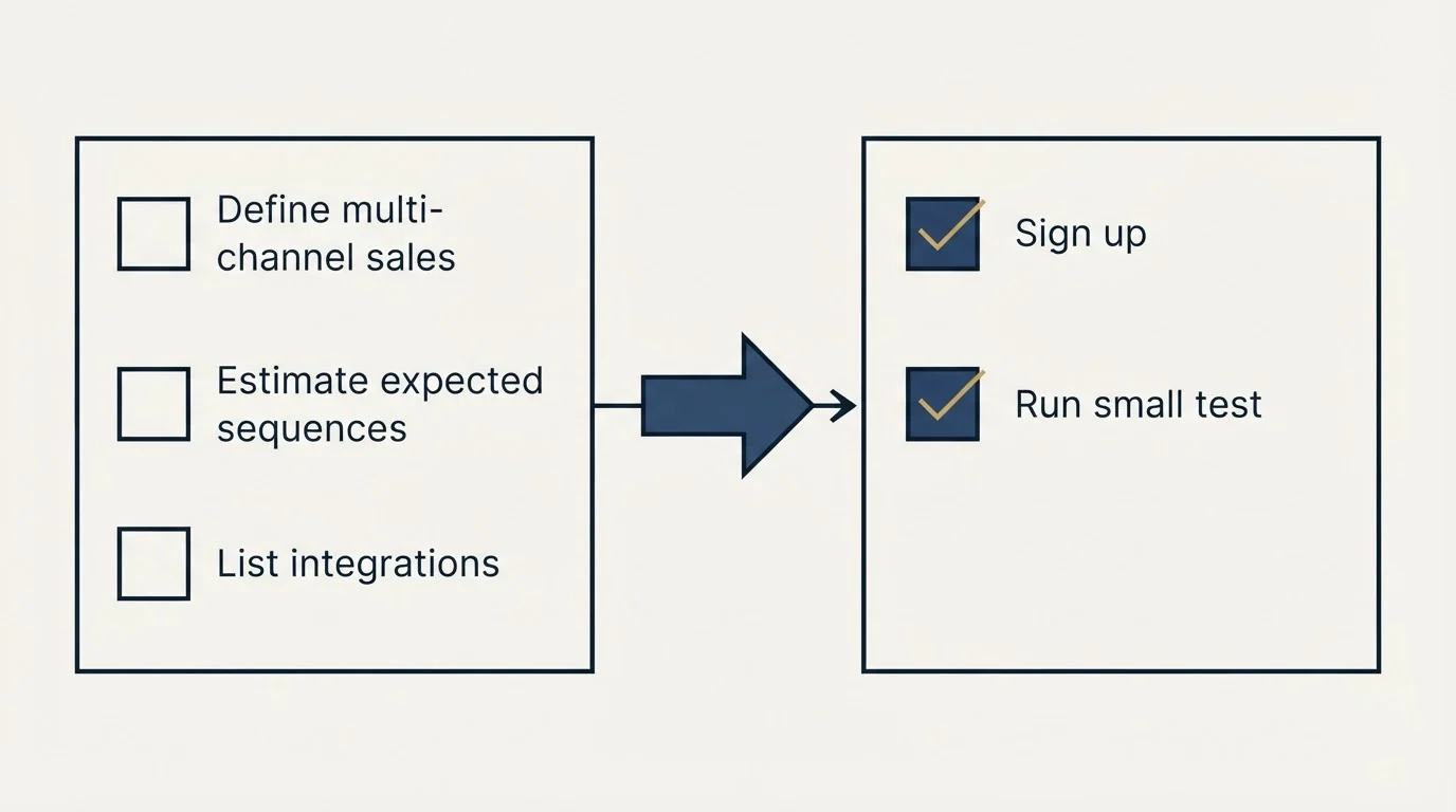 Before-and-after steps: Getting Started Checklist (Define multi-channel sales, Estimate expected sequences, List integrations, Sign up)