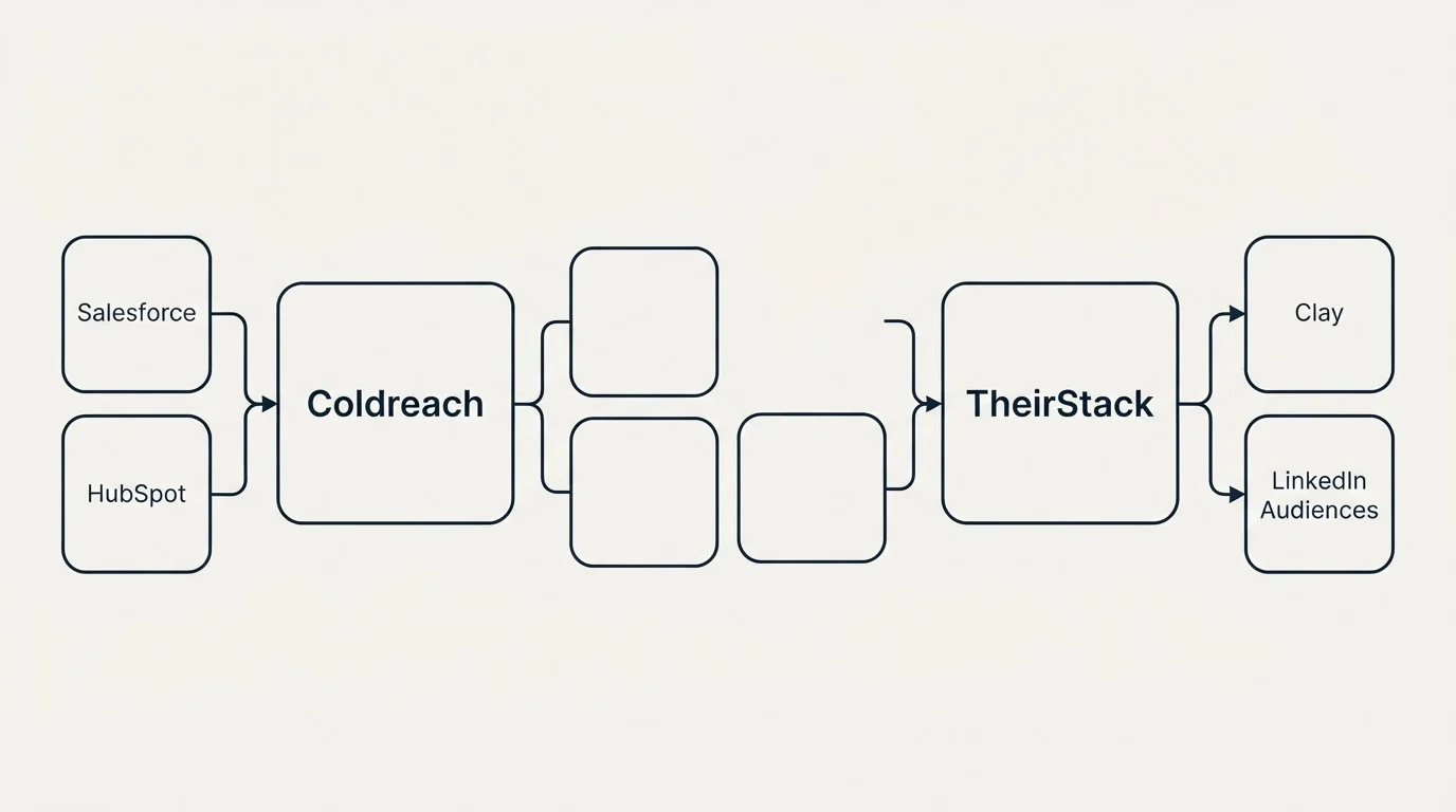 Integration schematic: Integration Ecosystem (Coldreach, TheirStack, Salesforce, Clay)