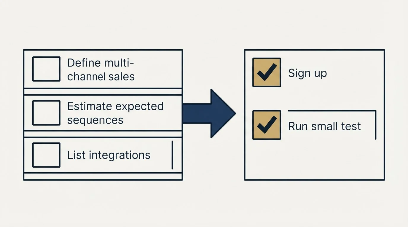 Before-and-after steps: Getting Started Checklist (Define multi-channel sales, Estimate expected sequences, List integrations, Sign up)