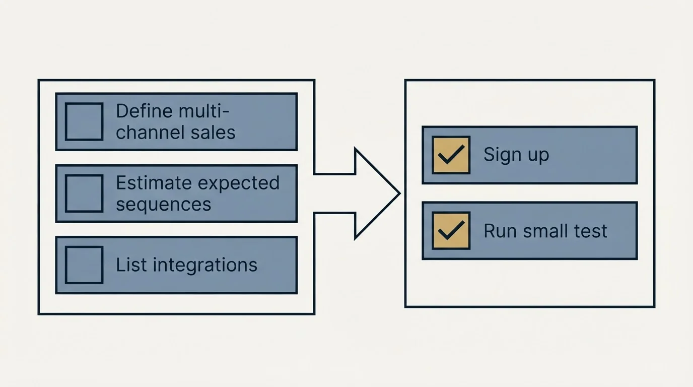 Before-and-after steps: Getting Started Checklist (Define multi-channel sales, Estimate expected sequences, List integrations, Sign up)