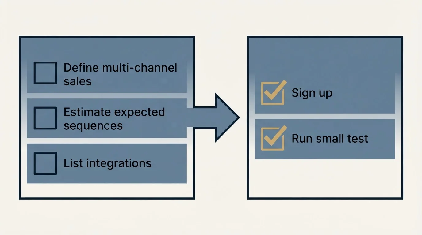 Before-and-after steps: Getting Started Checklist (Define multi-channel sales, Estimate expected sequences, List integrations, Sign up)