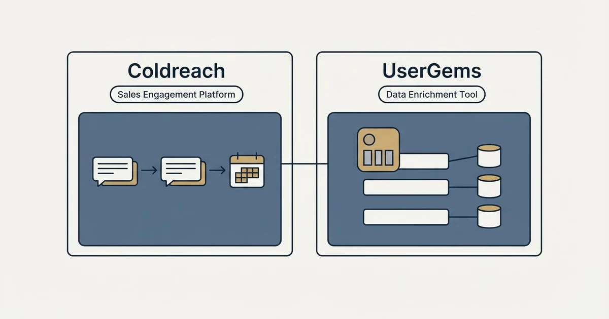 Side-by-side panels: Coldreach vs UserGems (Sales Engagement Platform, Data Enrichment Tool)
