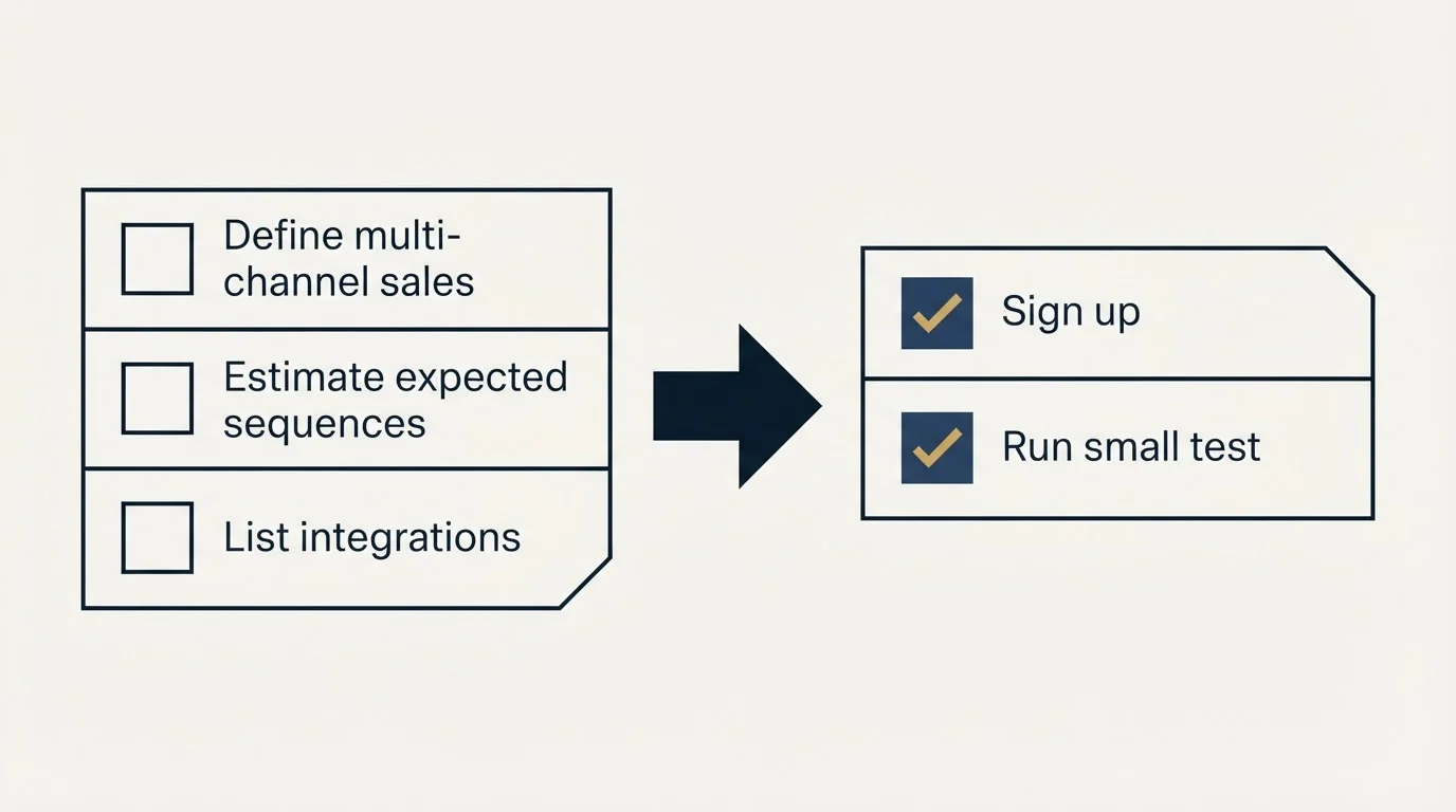 Before-and-after steps: Getting Started Checklist (Define multi-channel sales, Estimate expected sequences, List integrations, Sign up)