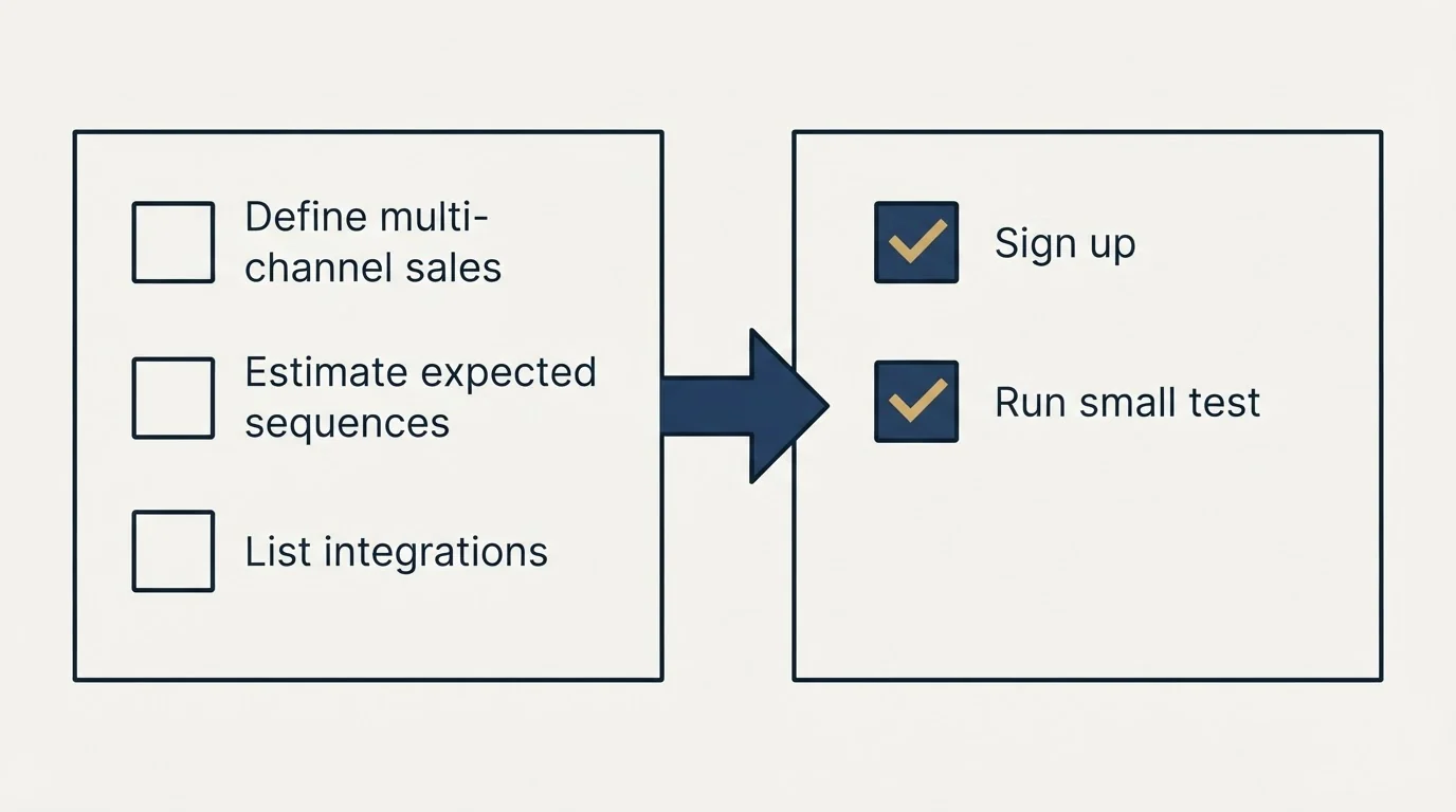Before-and-after steps: Getting Started Checklist (Define multi-channel sales, Estimate expected sequences, List integrations, Sign up)