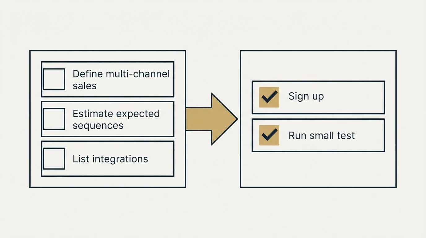 Before-and-after steps: Getting Started Checklist (Define multi-channel sales, Estimate expected sequences, List integrations, Sign up)