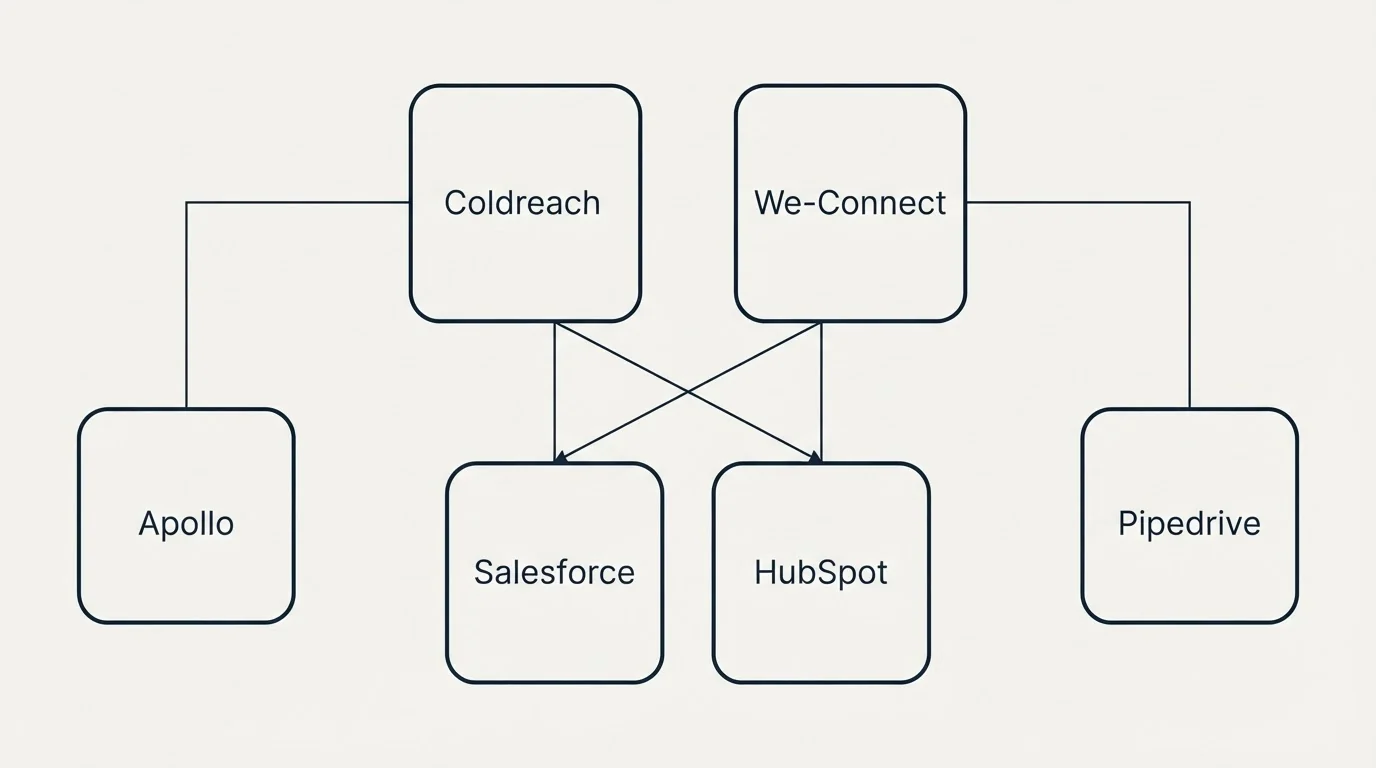 Integration grid: Integration Ecosystem (Coldreach, We-Connect, Salesforce, HubSpot)