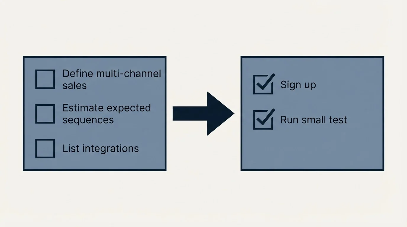 Before-and-after steps: Getting Started Checklist (Define multi-channel sales, Estimate expected sequences, List integrations, Sign up)
