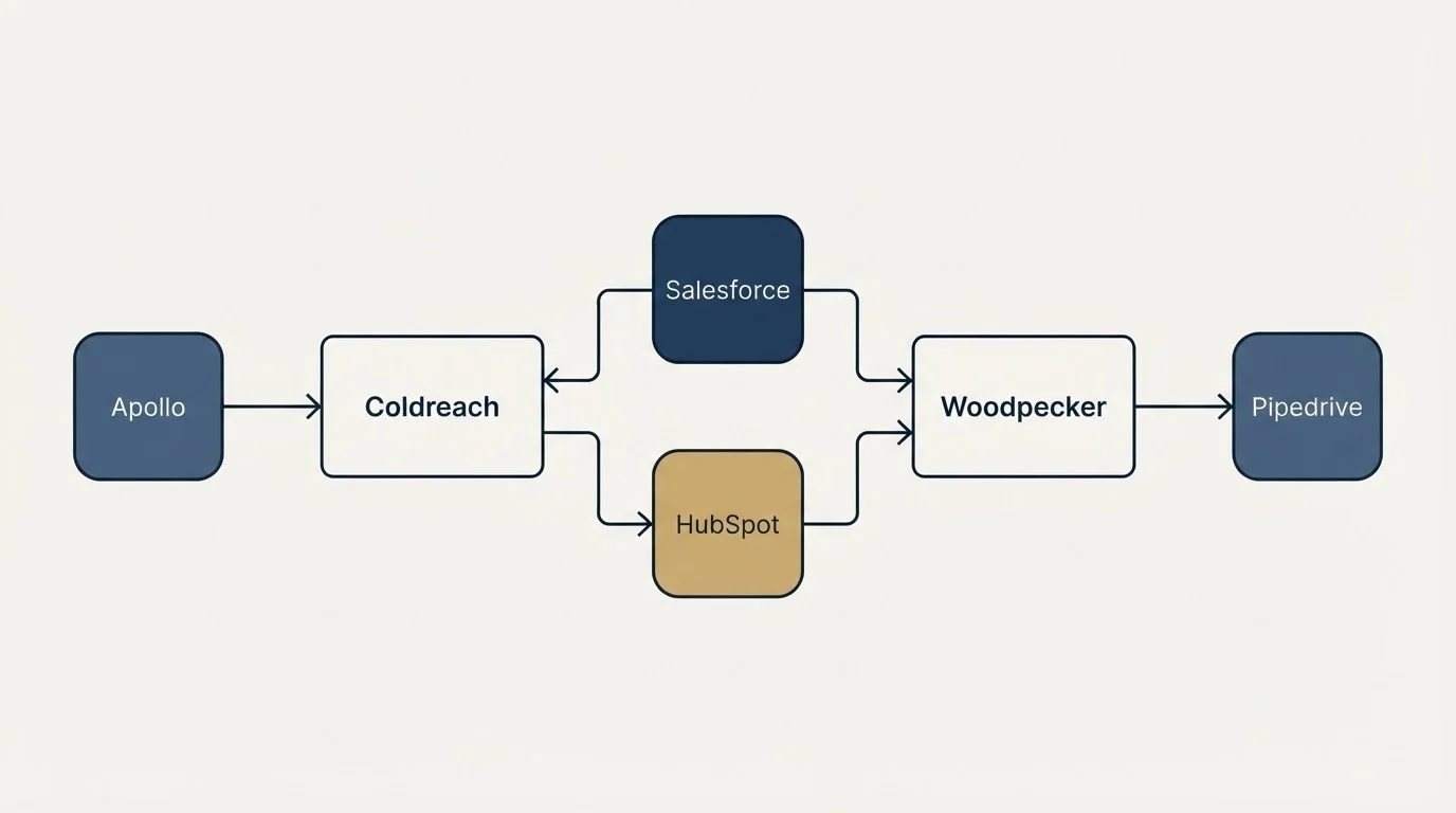Integration flow: Integration Ecosystem (Coldreach, Woodpecker, Salesforce, HubSpot)