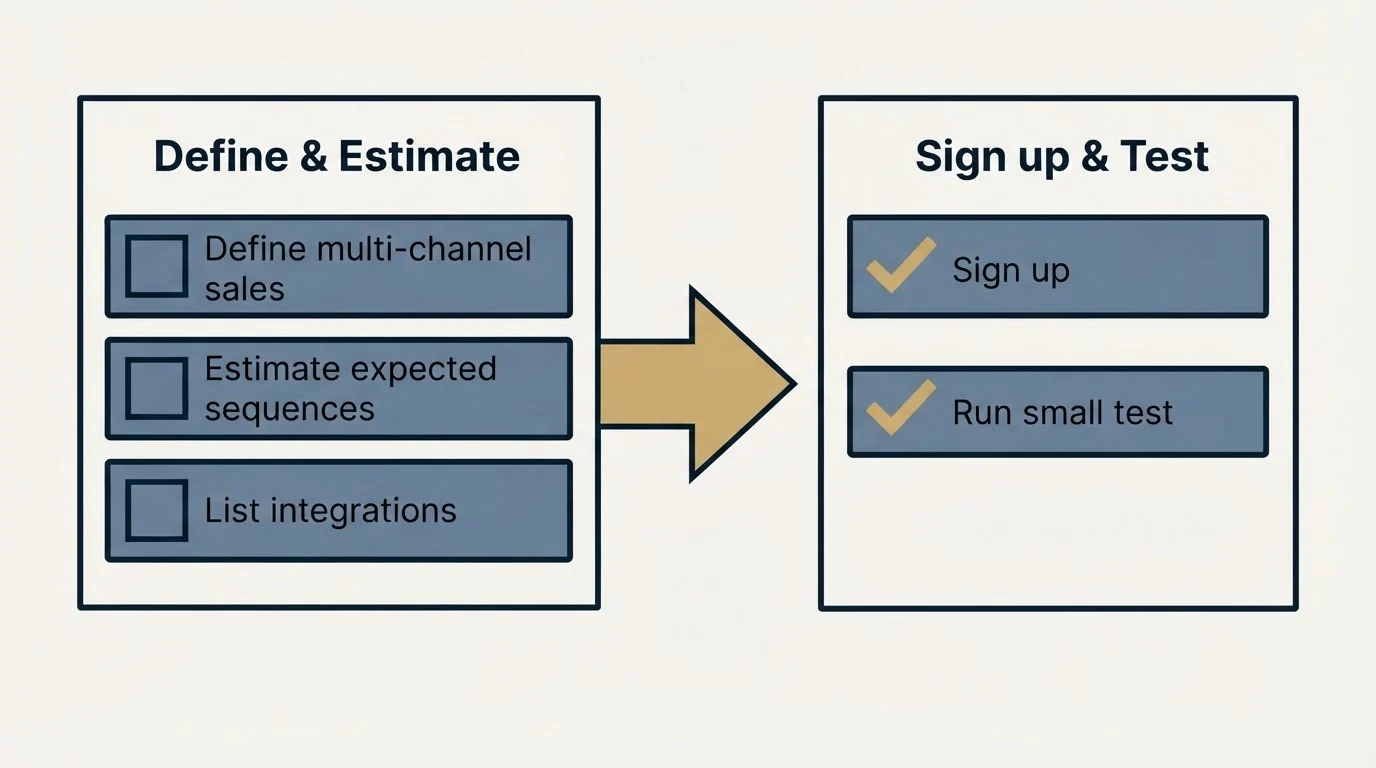 Before-and-after steps: Getting Started Checklist (Define multi-channel sales, Estimate expected sequences, List integrations, Sign up)