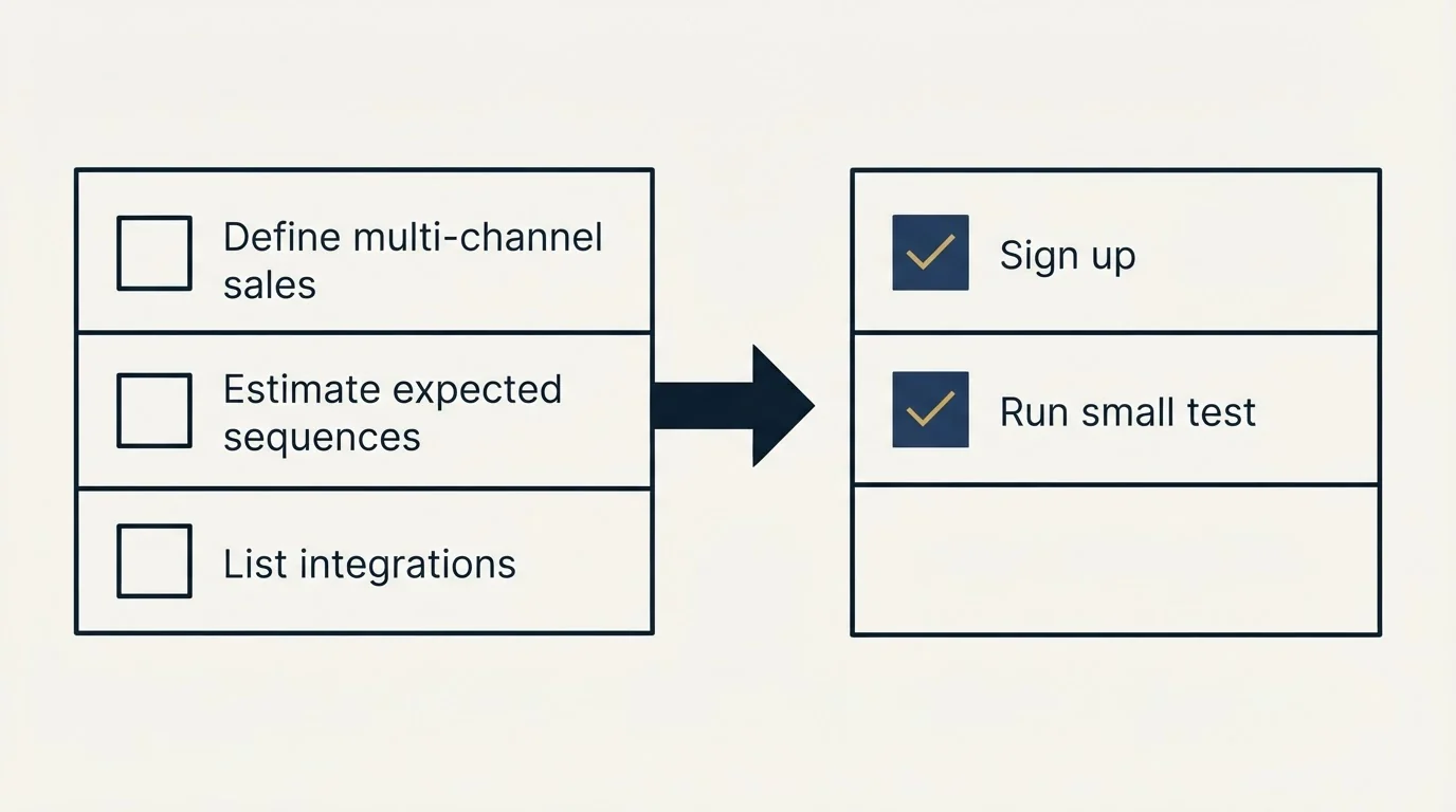 Before-and-after steps: Getting Started Checklist (Define multi-channel sales, Estimate expected sequences, List integrations, Sign up)