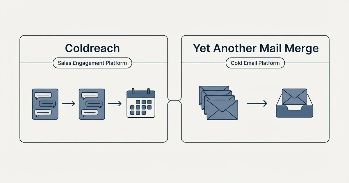 Side-by-side panels: Coldreach vs Yet Another Mail Merge (Sales Engagement Platform, Cold Email Platform)