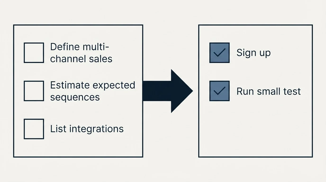 Before-and-after steps: Getting Started Checklist (Define multi-channel sales, Estimate expected sequences, List integrations, Sign up)