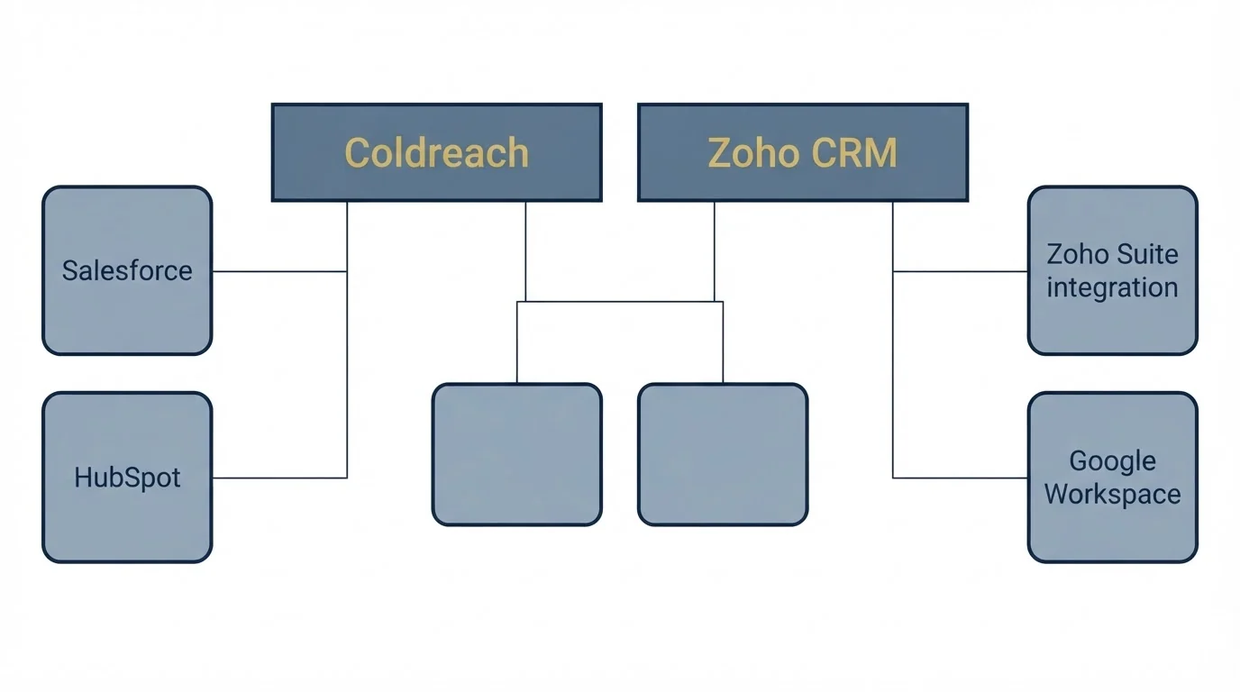 Integration grid: Integration Ecosystem (Coldreach, Zoho CRM, Salesforce, Zoho Suite integration)