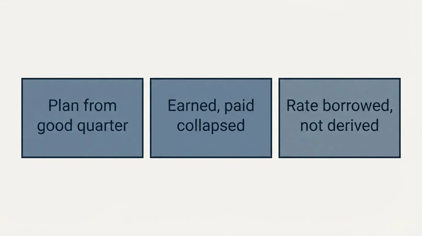 Schematic: Why it matters (Plan from good quarter, Earned, paid collapsed, Rate borrowed, not derived)