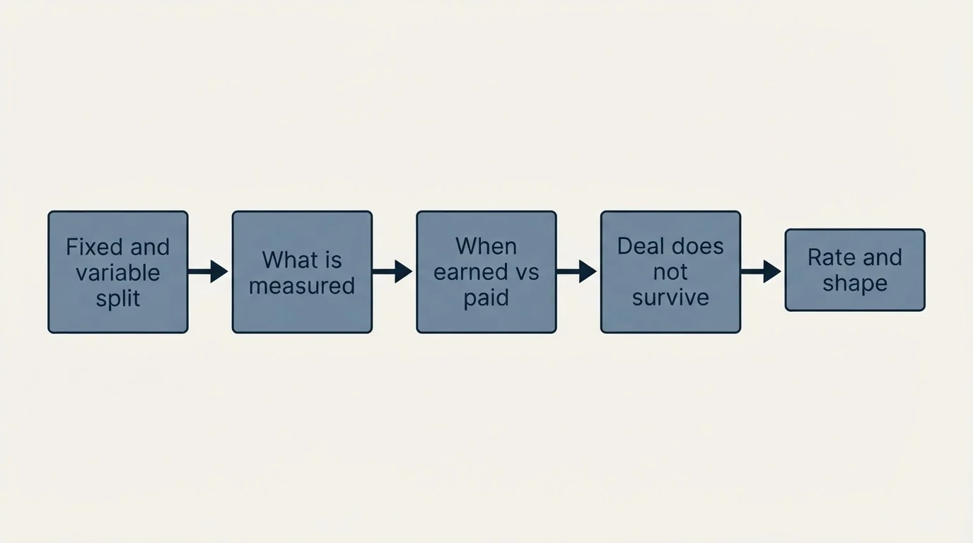 Schematic: The short version (Fixed and variable split, What is measured, When earned vs paid, Deal does not survive)