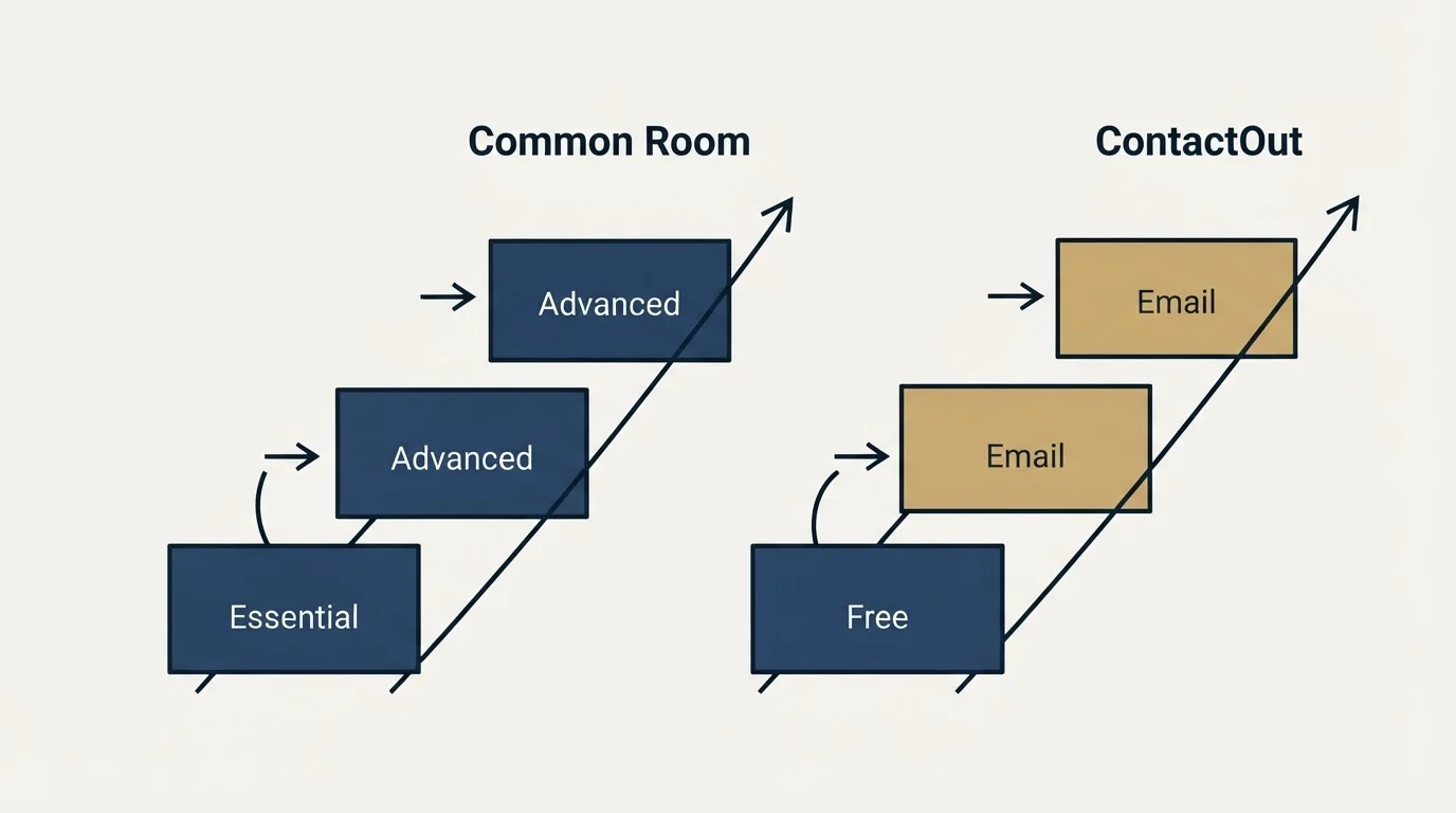 Pricing ladder: Pricing Comparison (Common Room, ContactOut, Essential, Free)