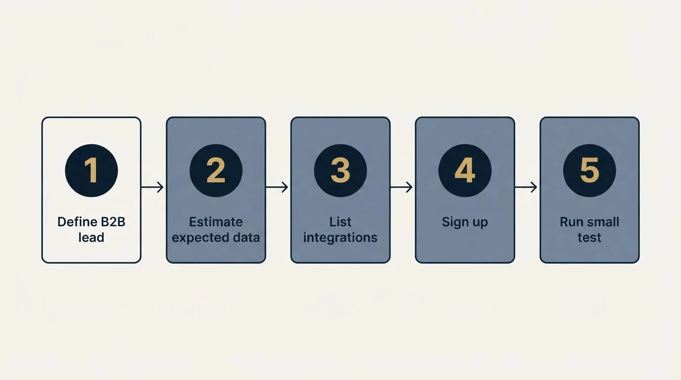 Step sequence: Getting Started Checklist (Define B2B lead, Estimate expected data, List integrations, Sign up)