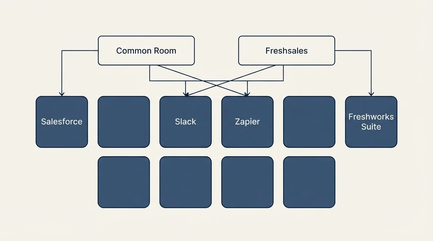 Integration grid: Integration Ecosystem (Common Room, Freshsales, Slack, Zapier)