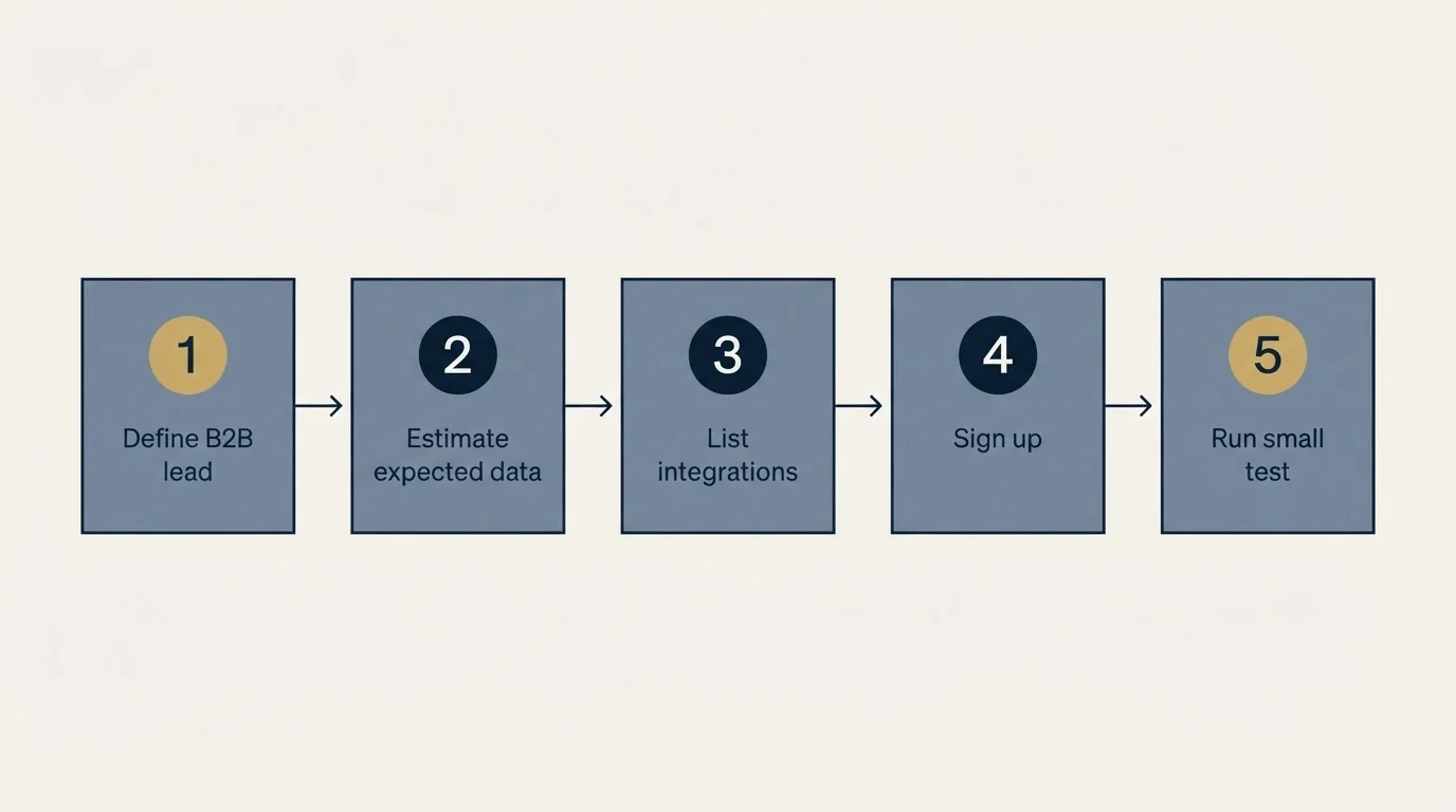 Step sequence: Getting Started Checklist (Define B2B lead, Estimate expected data, List integrations, Sign up)