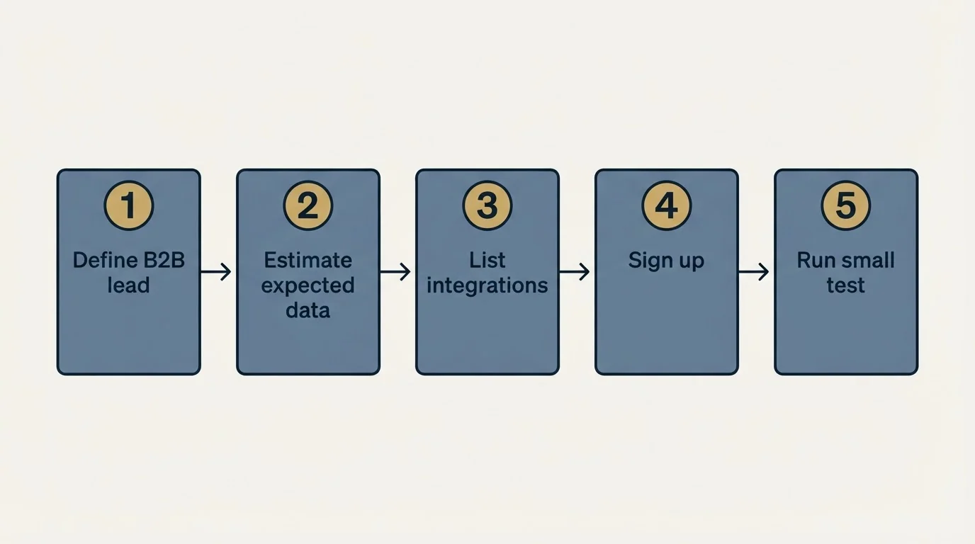 Step sequence: Getting Started Checklist (Define B2B lead, Estimate expected data, List integrations, Sign up)