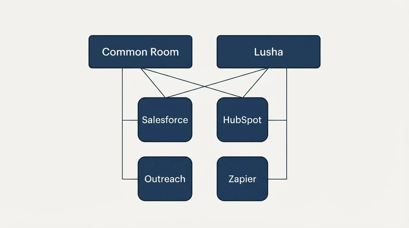 Integration grid: Integration Ecosystem (Common Room, Lusha, Salesforce, HubSpot)