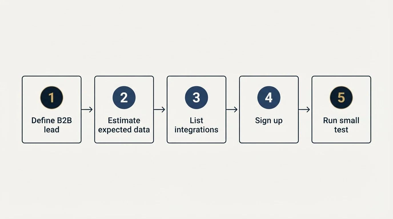 Step sequence: Getting Started Checklist (Define B2B lead, Estimate expected data, List integrations, Sign up)