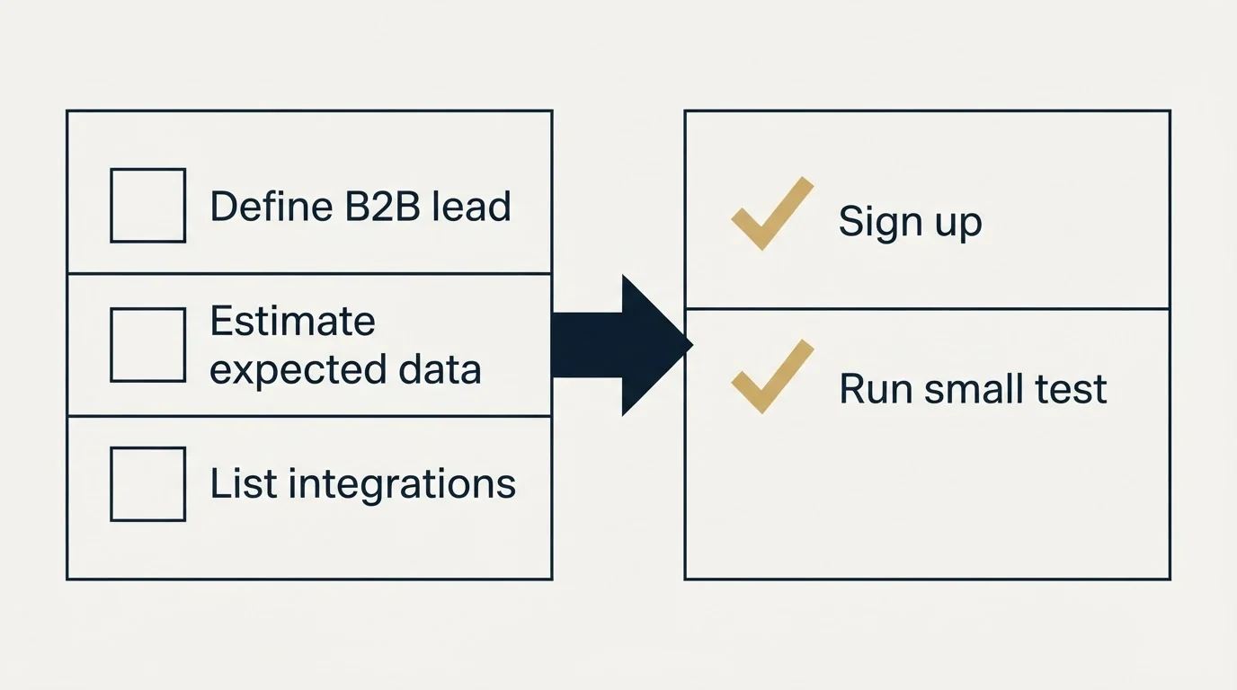 Before-and-after steps: Getting Started Checklist (Define B2B lead, Estimate expected data, List integrations, Sign up)