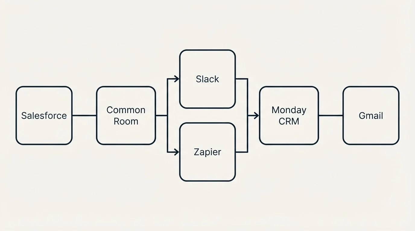 Integration flow: Integration Ecosystem (Common Room, Monday CRM, Slack, Zapier)