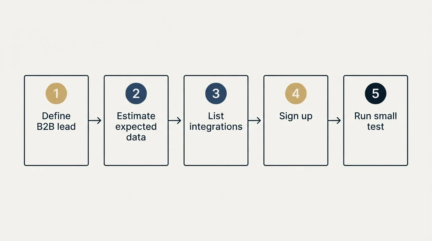 Step sequence: Getting Started Checklist (Define B2B lead, Estimate expected data, List integrations, Sign up)