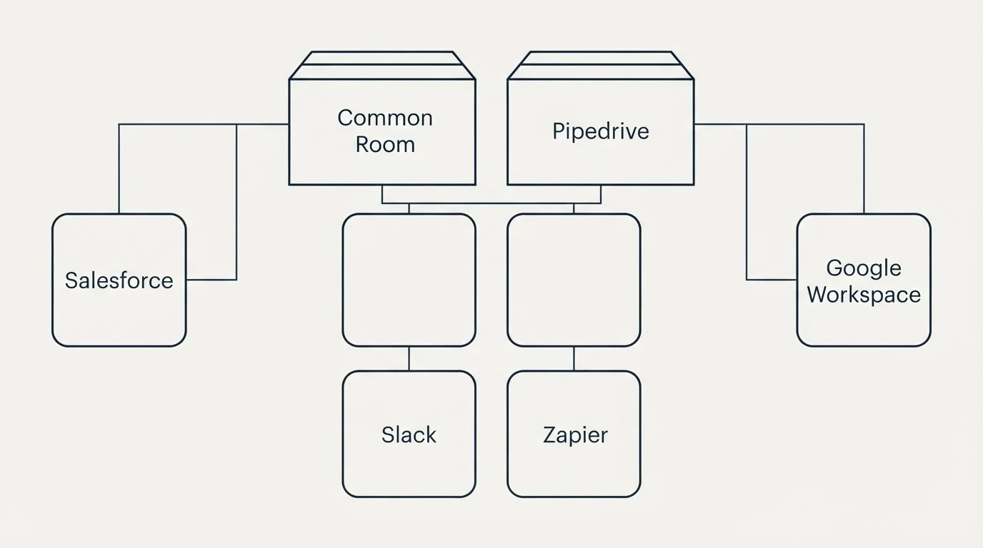 Integration grid: Integration Ecosystem (Common Room, Pipedrive, Slack, Zapier)