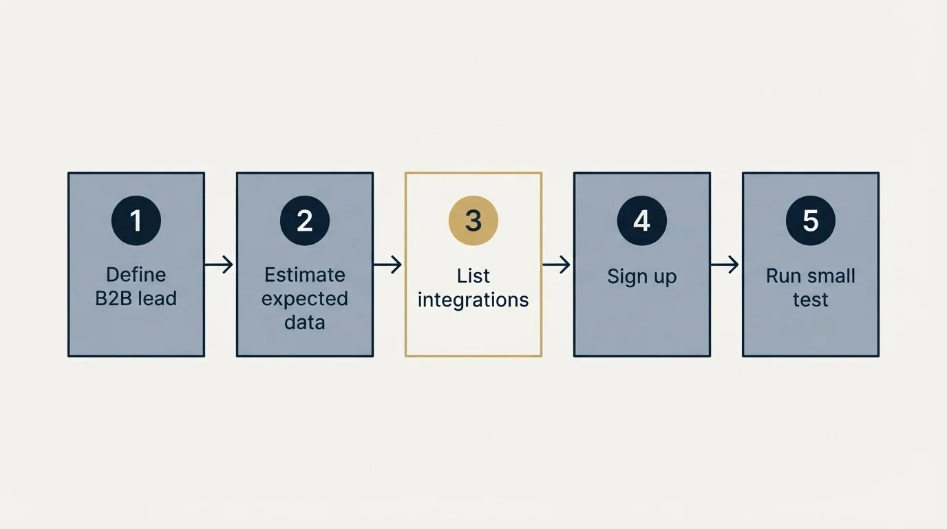 Step sequence: Getting Started Checklist (Define B2B lead, Estimate expected data, List integrations, Sign up)