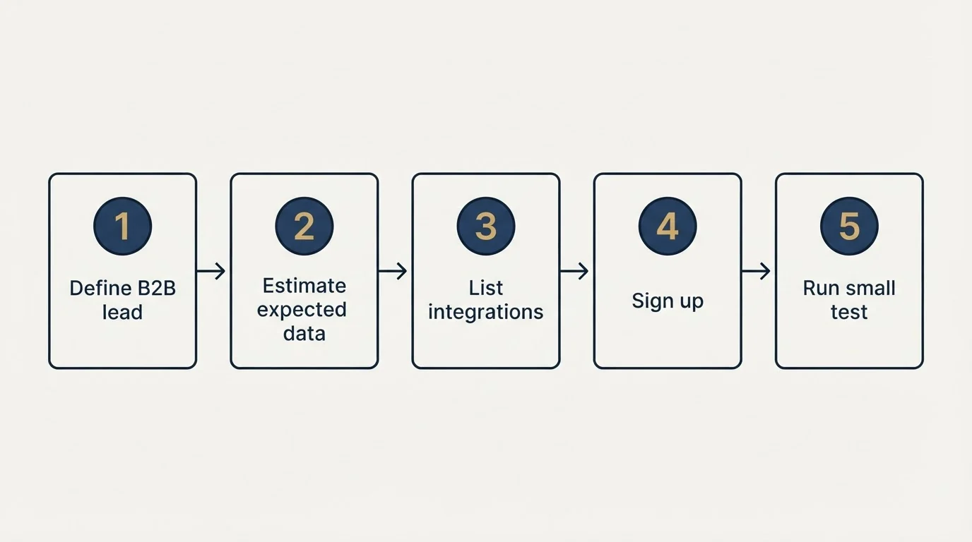 Step sequence: Getting Started Checklist (Define B2B lead, Estimate expected data, List integrations, Sign up)