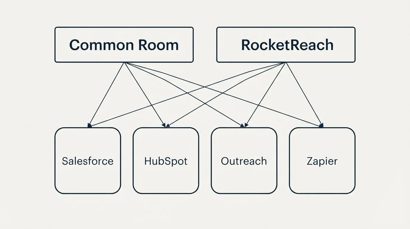 Integration grid: Integration Ecosystem (Common Room, RocketReach, Salesforce, HubSpot)