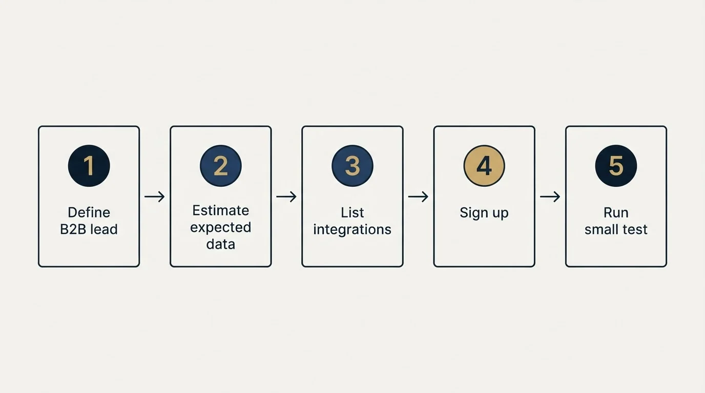 Step sequence: Getting Started Checklist (Define B2B lead, Estimate expected data, List integrations, Sign up)