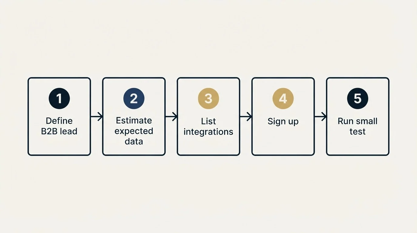Step sequence: Getting Started Checklist (Define B2B lead, Estimate expected data, List integrations, Sign up)